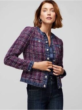 White House Black Market Purple Navy Tweed Collarless Jacket BlazerWHBM 4